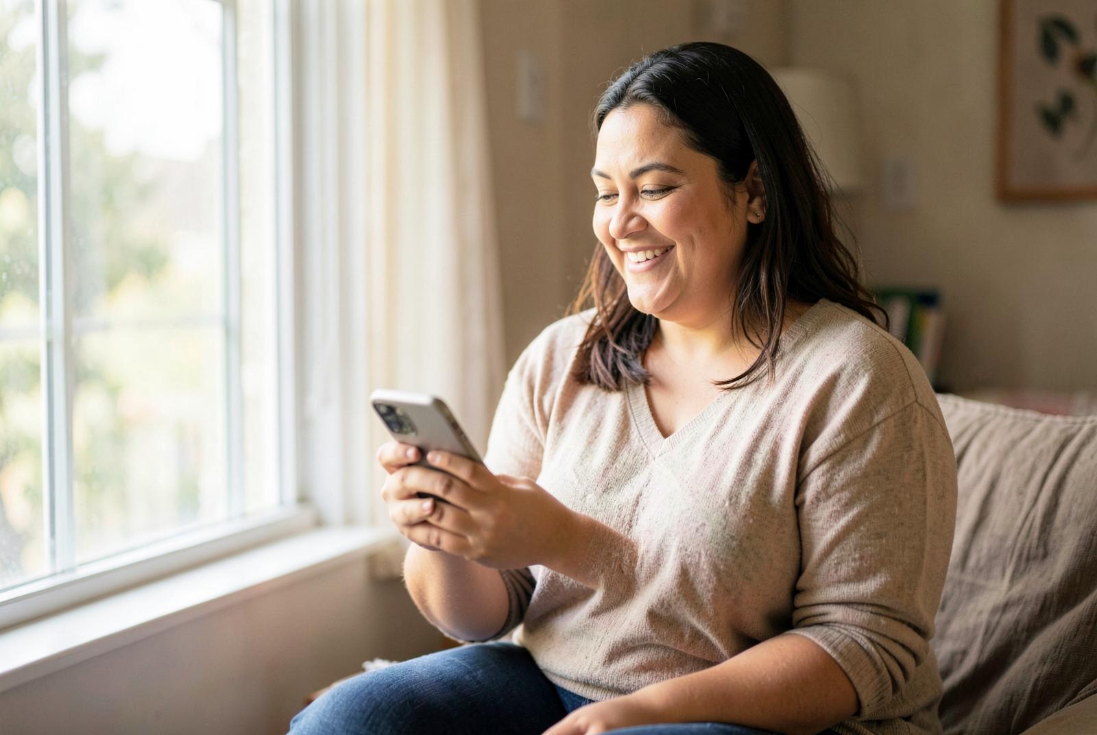 A woman smiles while reading a message on her phone beside a bright window at home.