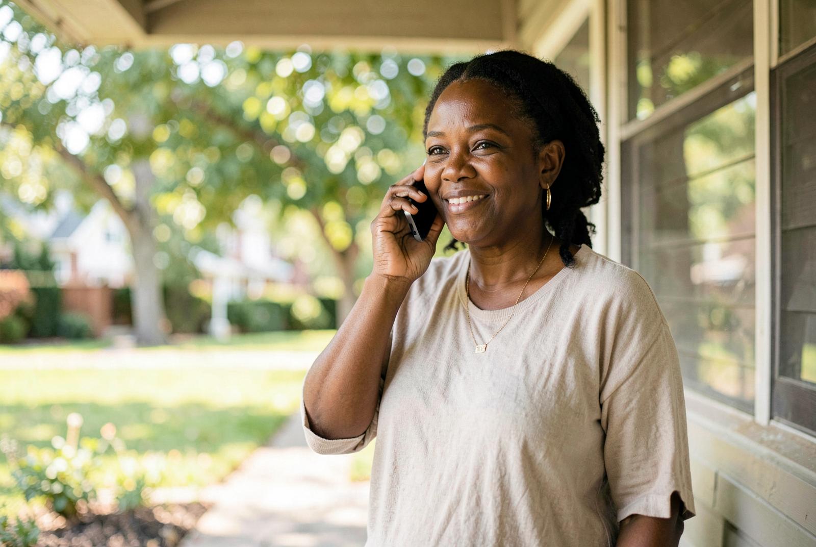 A woman smiles during a phone conversation on a shaded front porch.