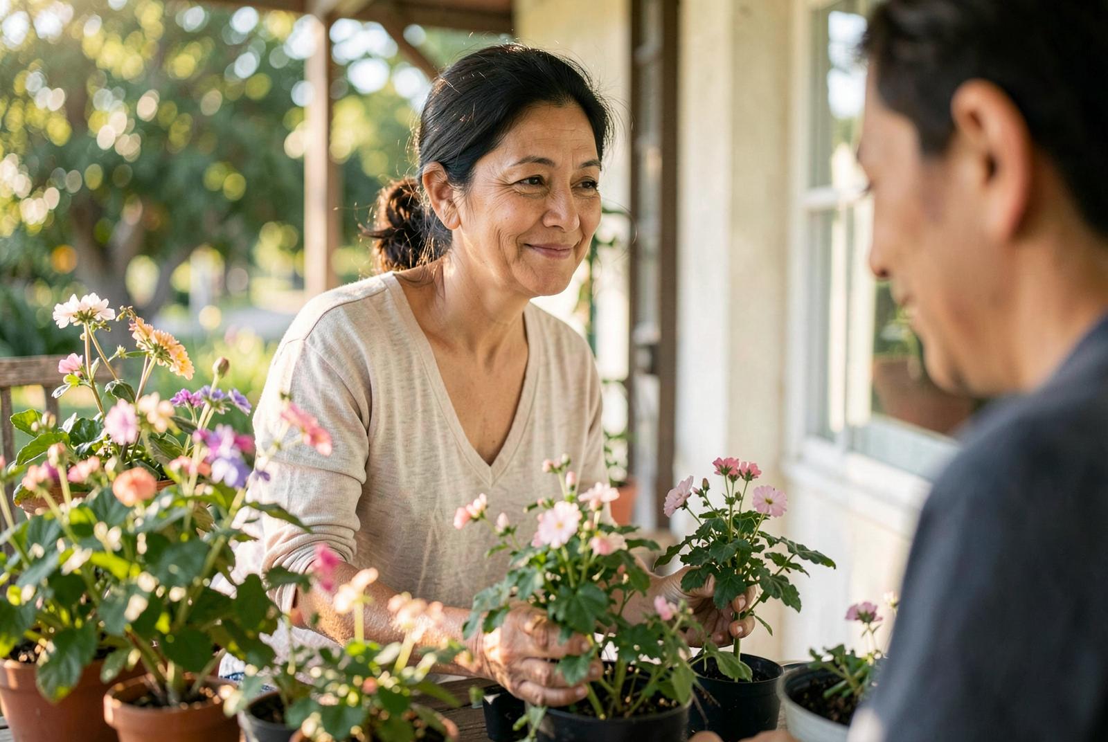 A woman tends flowering plants with a family member on a shaded porch.