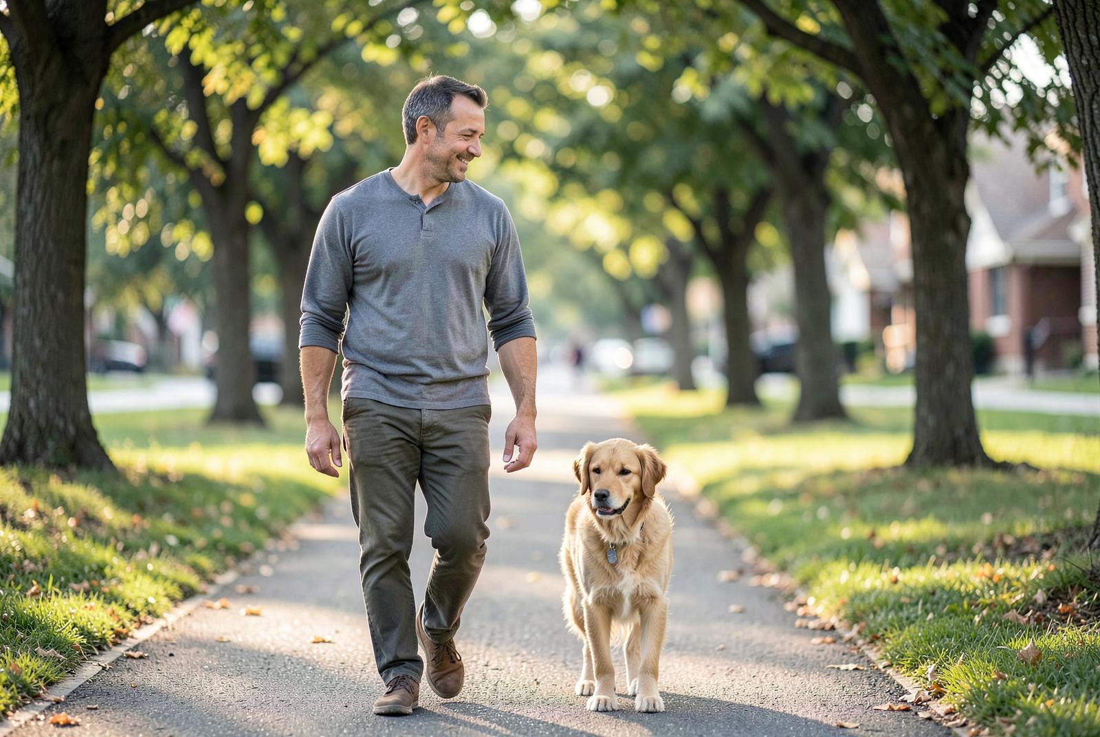 A man walks his dog along a quiet, tree-lined neighborhood path in morning light.