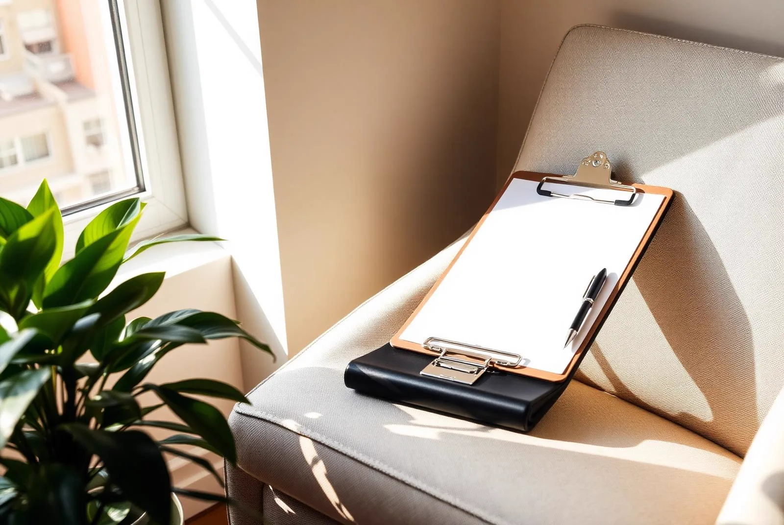 A clipboard with blank paperwork and a pen resting on a linen armchair beside a sunlit window and a green plant.