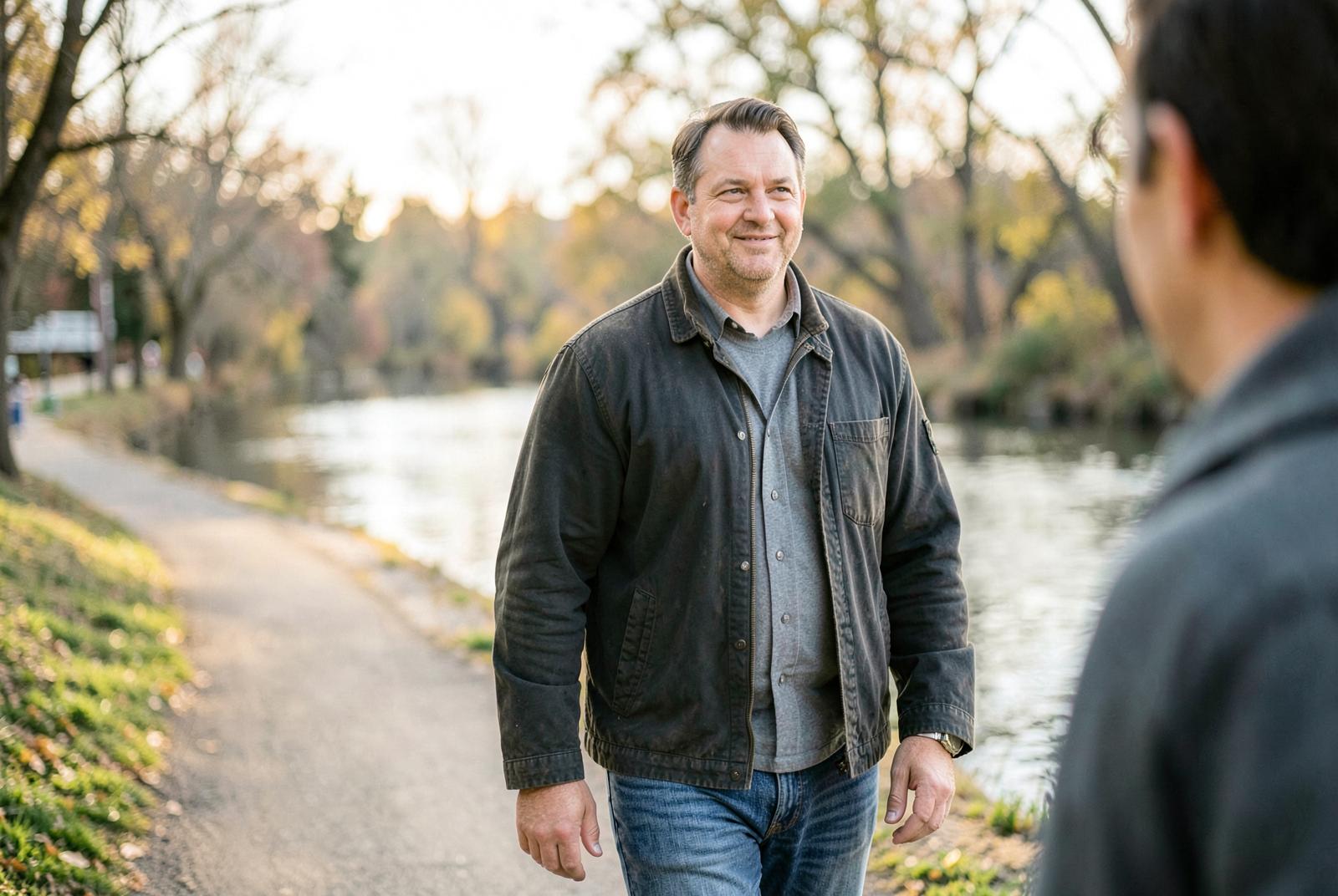 A man in his late thirties smiles at a companion while walking beside a river in morning light.