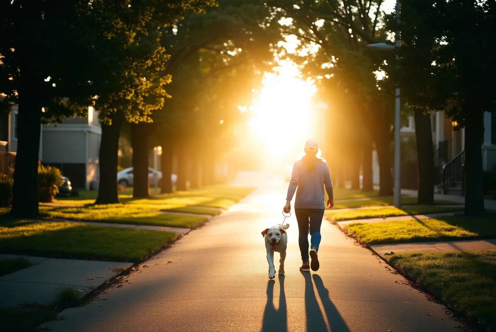 A person walks a dog down a quiet tree-lined neighborhood sidewalk in warm early morning sunlight.