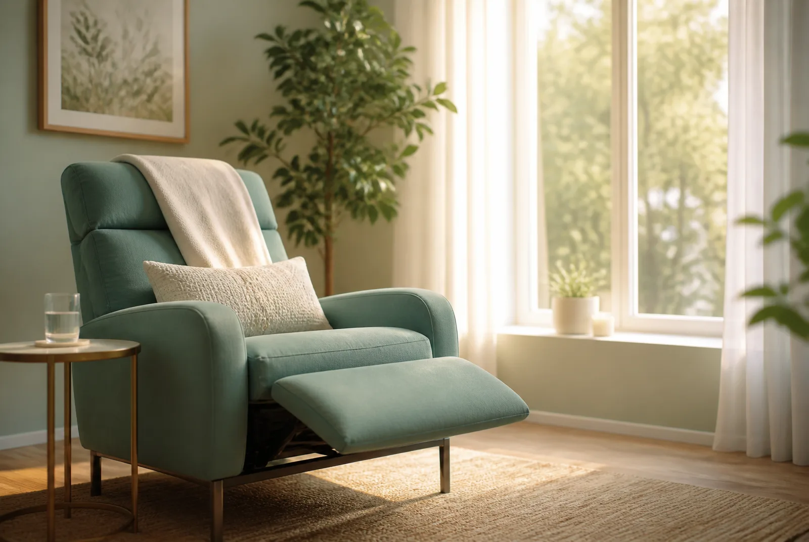 A quiet private treatment room with a soft teal recliner, a folded throw and a tall plant beside a bright, sunlit window.