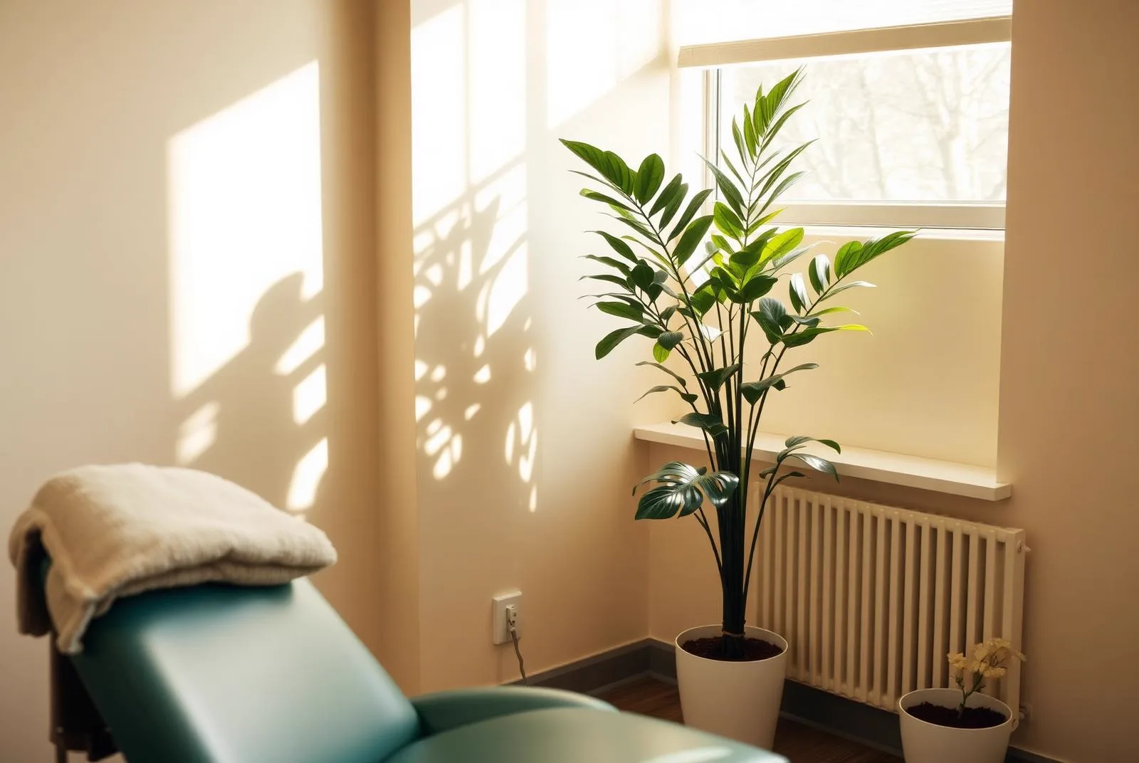 A quiet treatment room corner with a reclining teal chair, a folded blanket and a tall plant beside a sunlit window.