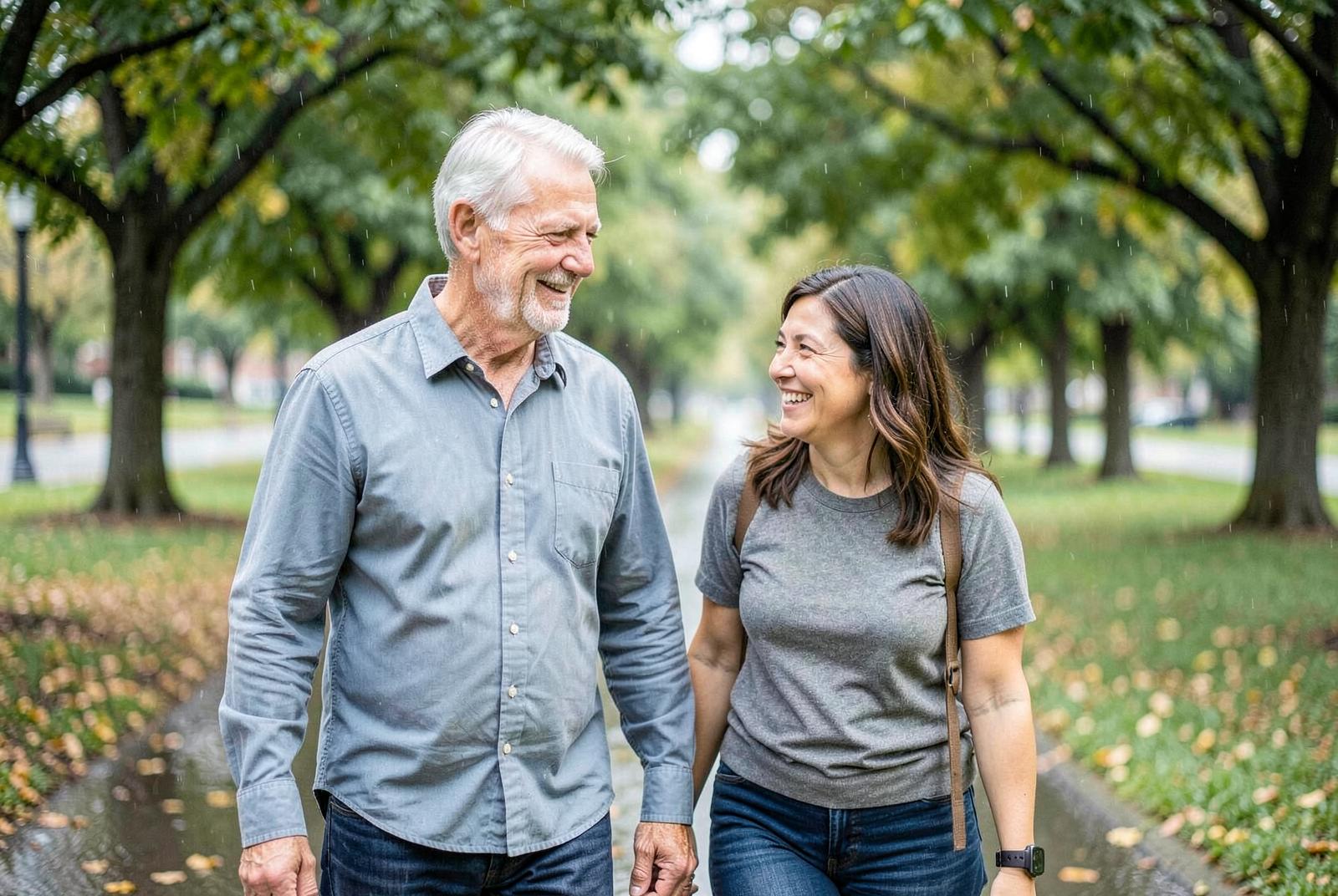 A man in his sixties walks through a leafy park with his adult daughter after a light rain.