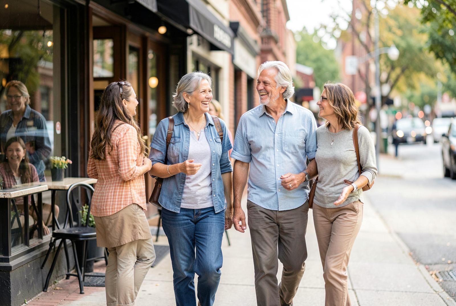 Four friends share a laugh while walking together past neighborhood shops.