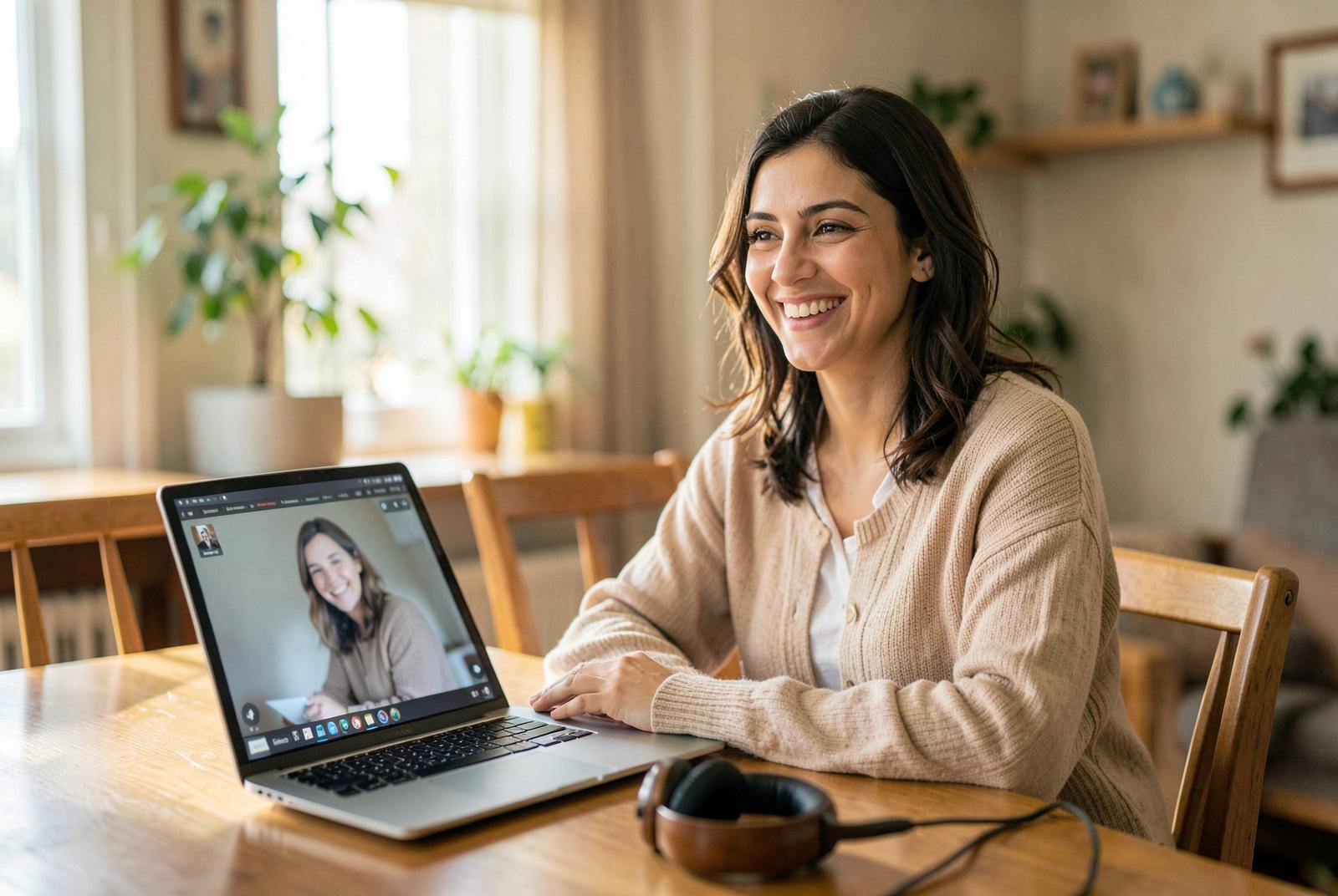 A woman smiles during a video call on her laptop at a sunlit dining table.