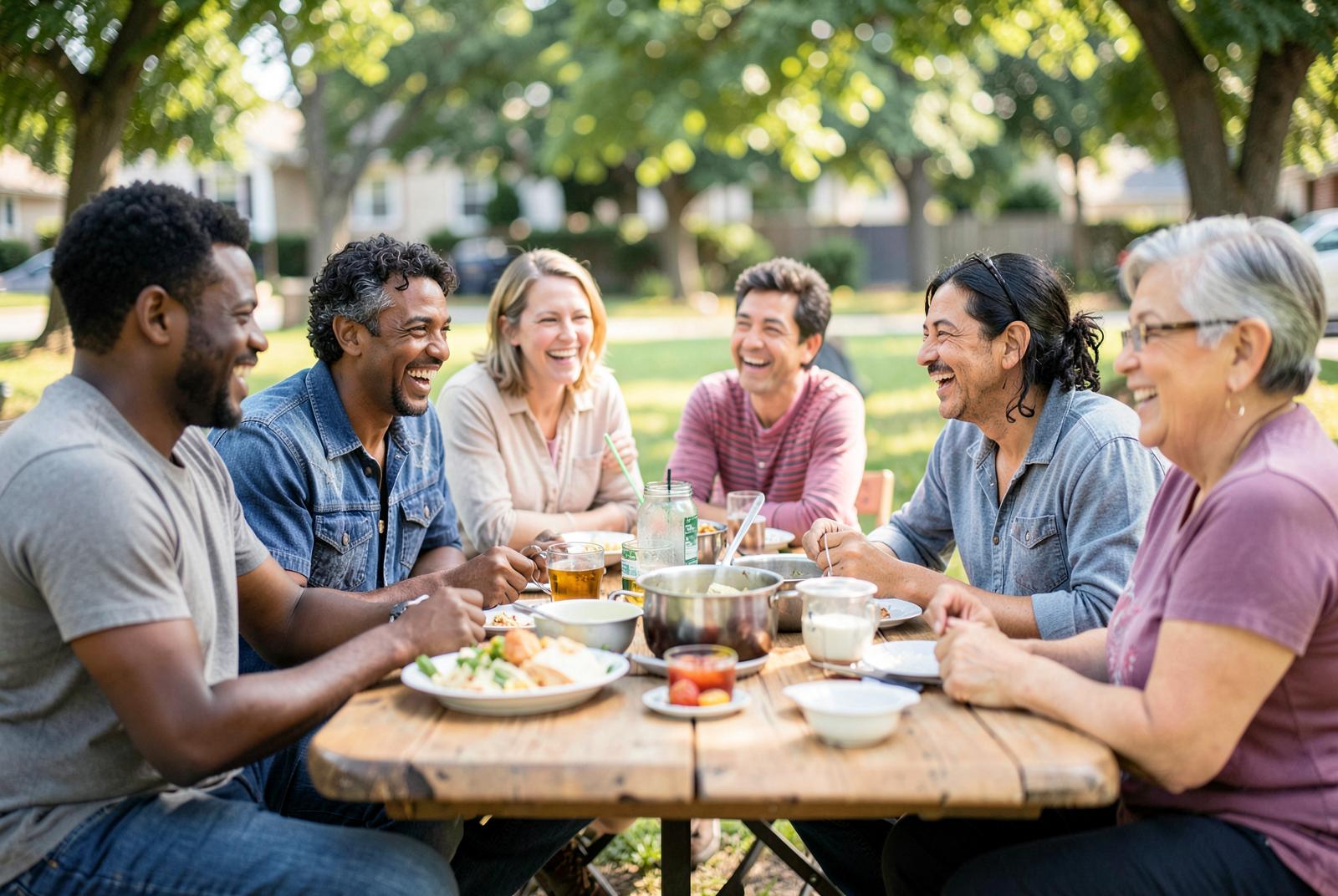 A diverse group of Louisville neighbors laugh together around an outdoor table beneath leafy trees.