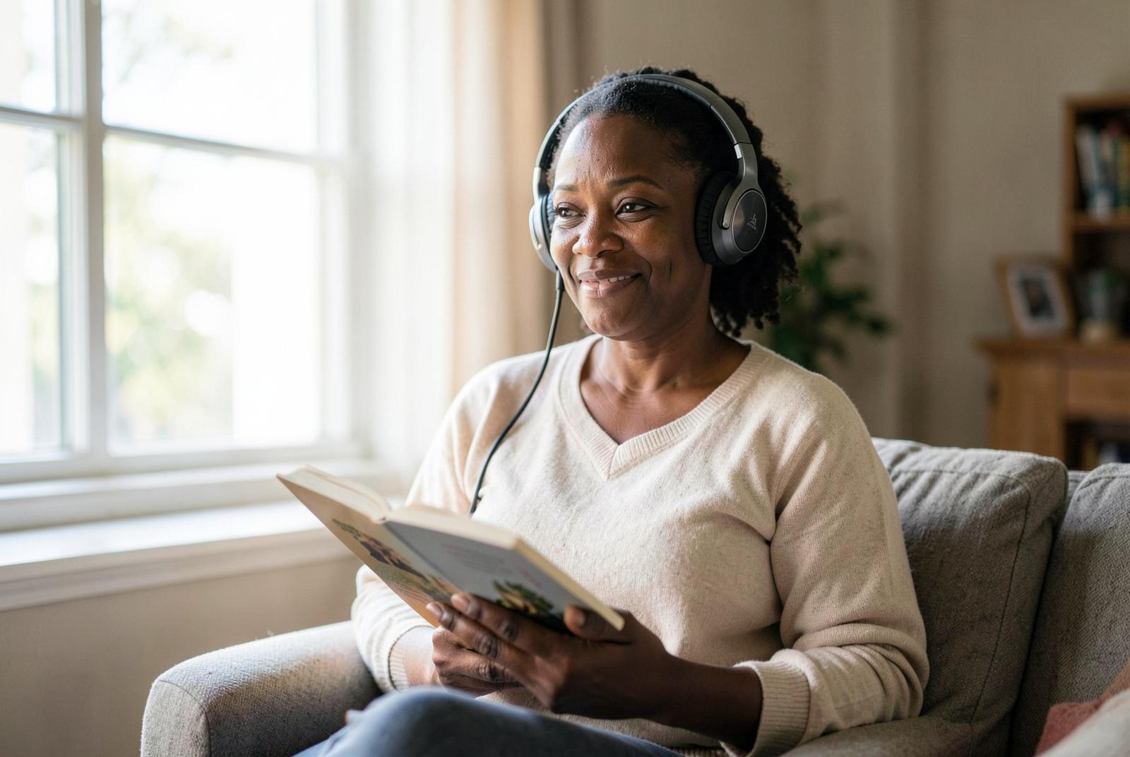 A woman listens to music and reads beside a bright window at home.