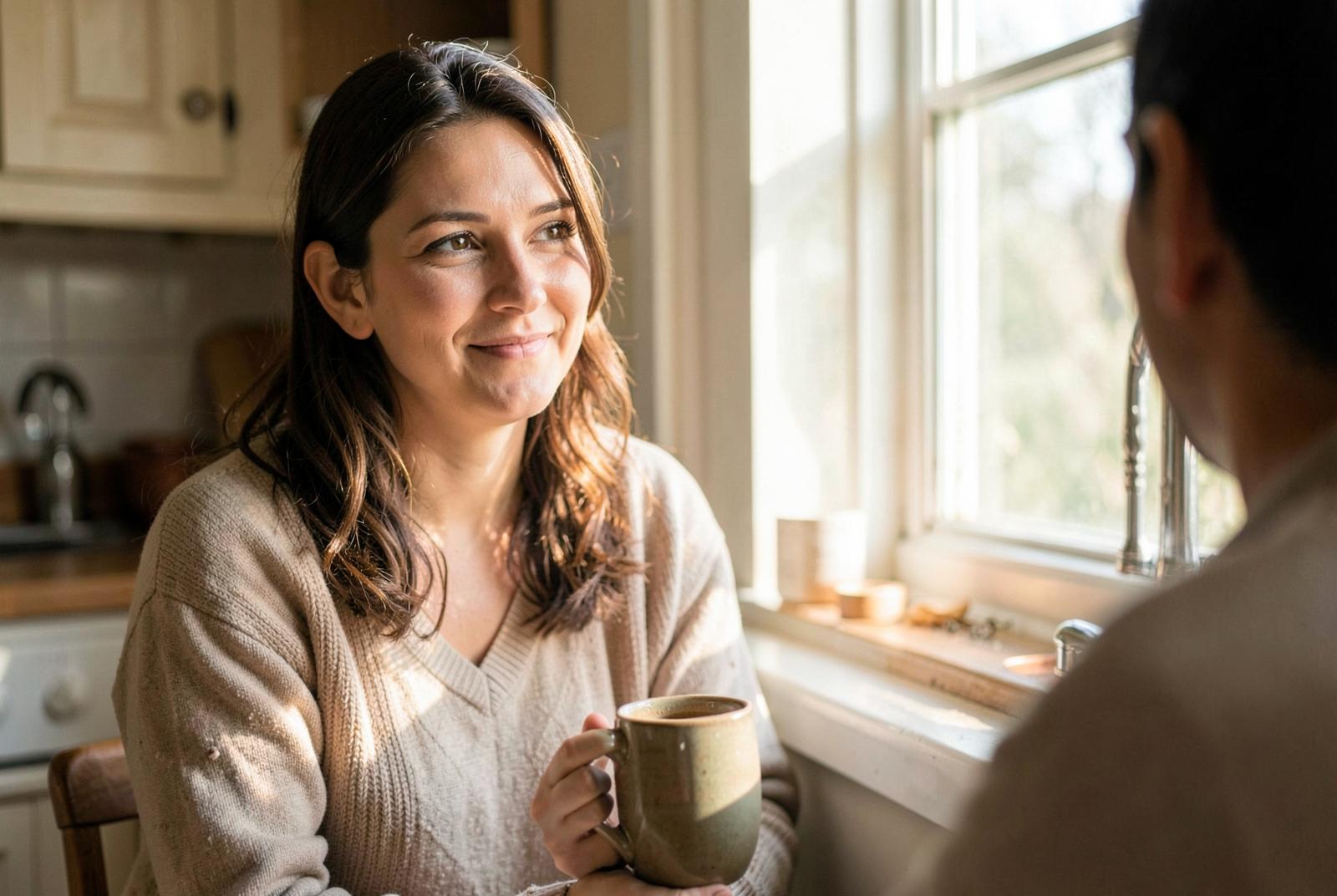 A woman holds a warm mug and shares a small smile across a sunlit kitchen table.