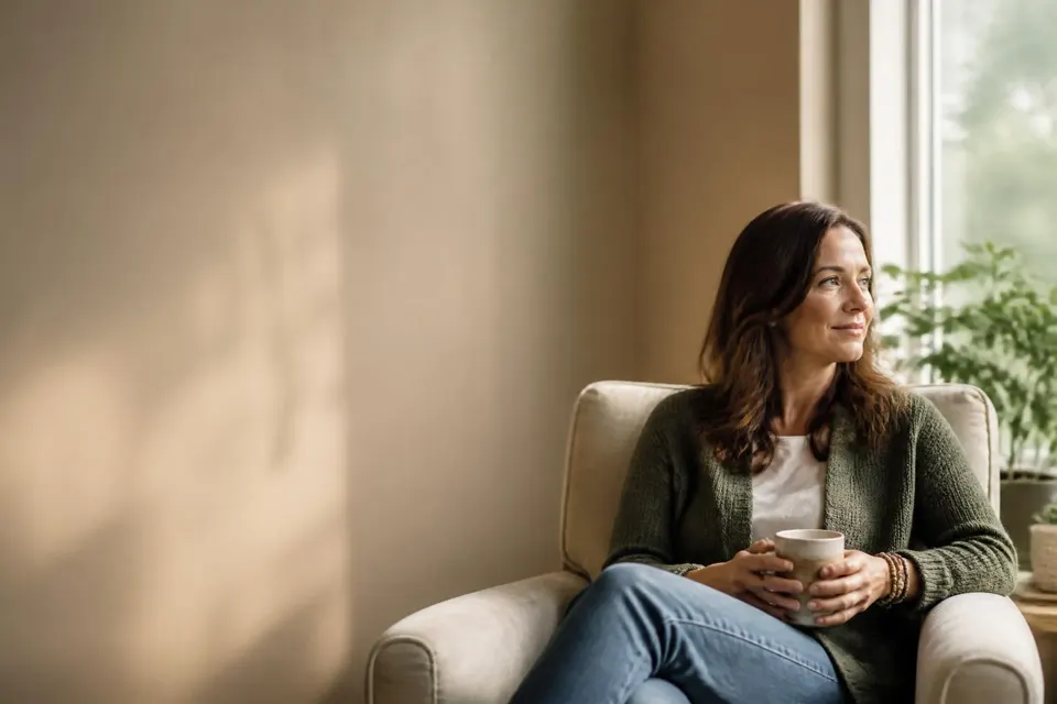 A woman sits in a soft armchair beside a sunlit window holding a warm mug, looking out with a calm, hopeful expression.