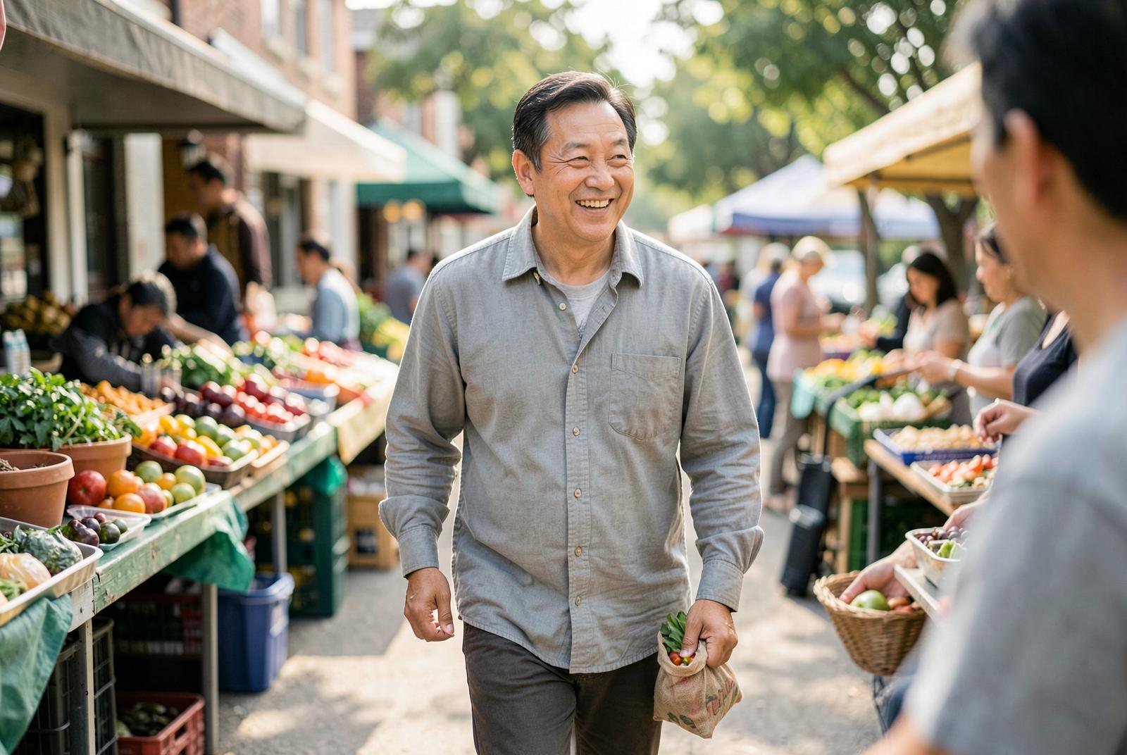 A man smiles while carrying fresh produce through a sunlit neighborhood market.
