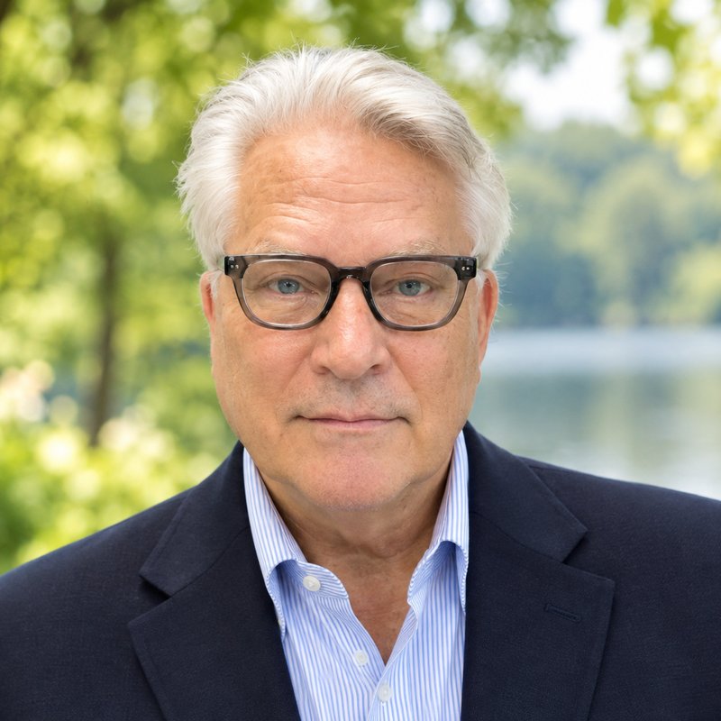 Headshot of Charles B. Bensenhaver, III, M.D., outdoors in a navy blazer, striped shirt and dark-rimmed glasses.