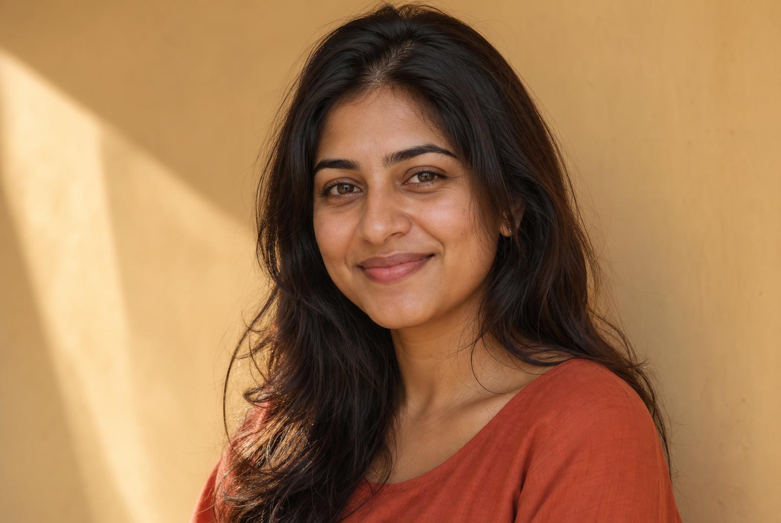 A young South Asian woman in a rust-coloured top turns toward the camera with a small, settled smile in warm afternoon light.