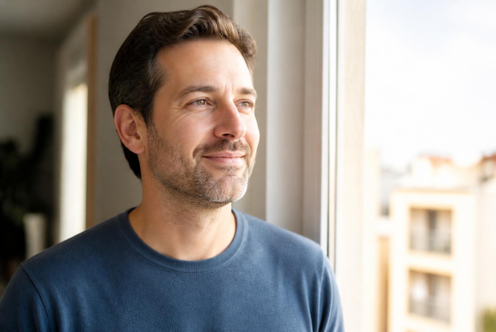 A man gazes through a bright window with a quiet smile in warm morning light.