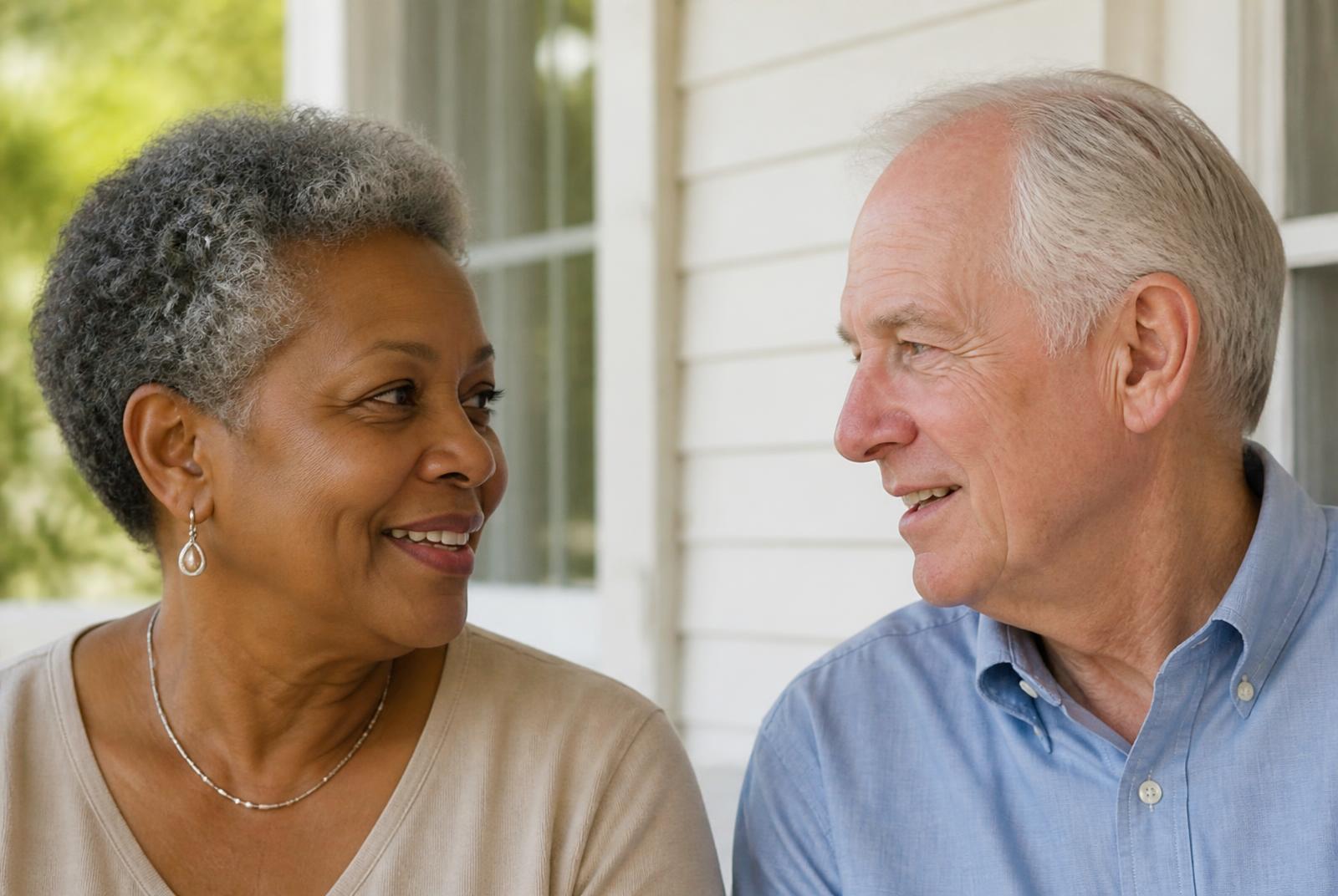A woman in her sixties and an older man share a warm conversation on a shaded front porch.