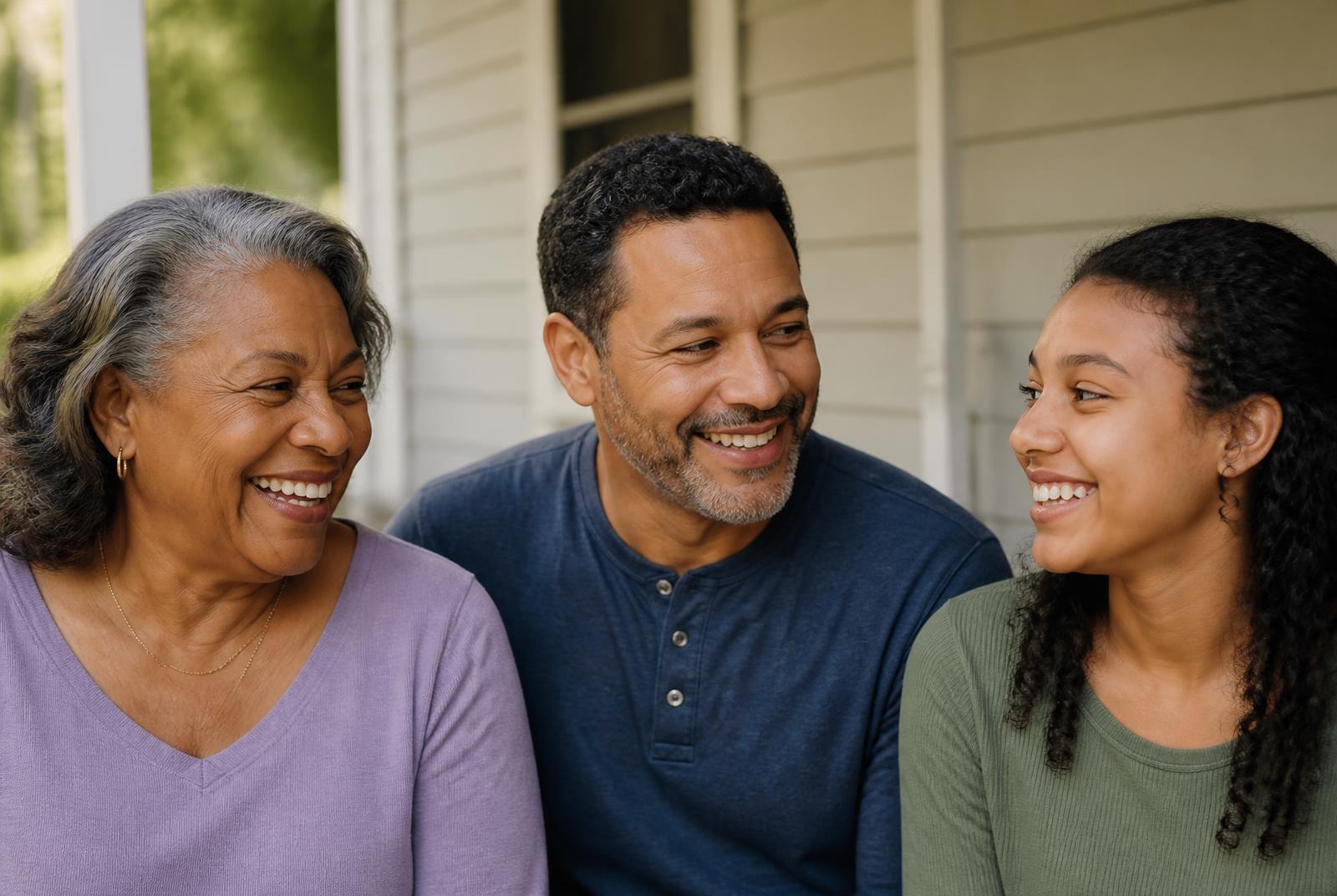 A grandmother, her adult son and teenage granddaughter laugh together on a shaded front porch.