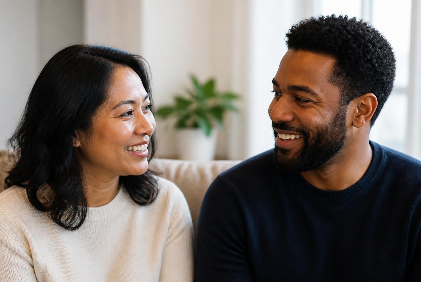 A woman and a man exchange warm smiles while talking together on a sofa in a sunlit living room.