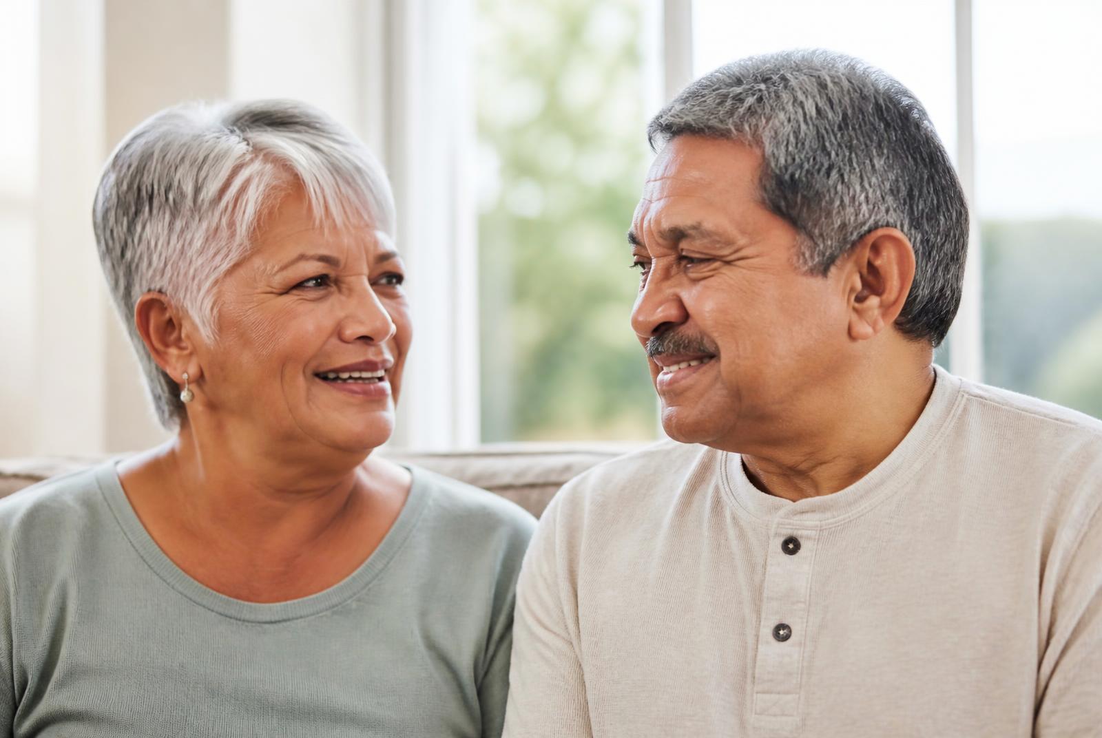 An older couple exchange warm smiles while talking together on a sofa beside a sunlit window.