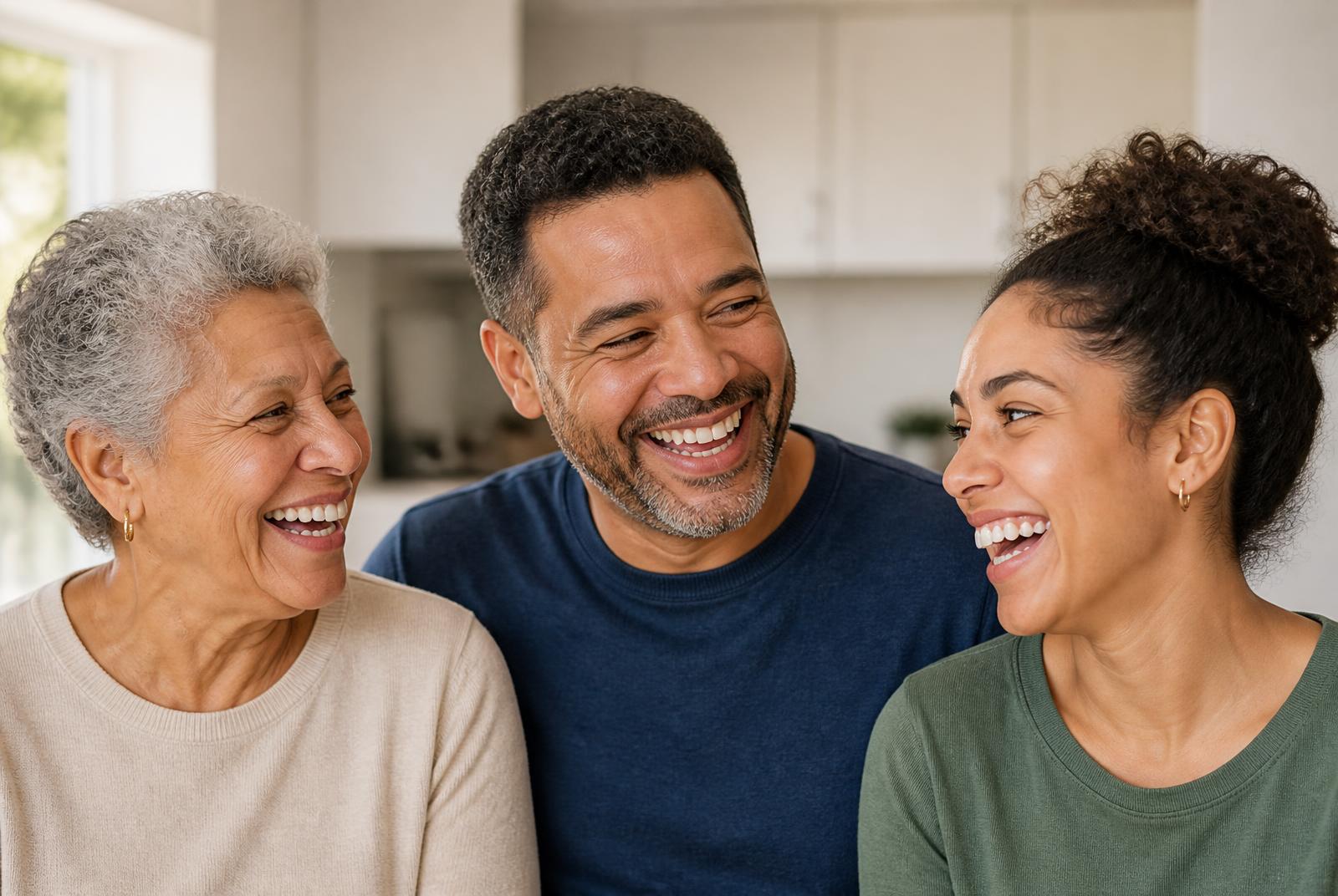 An older woman, an adult man and a younger woman laugh together in a bright family kitchen.