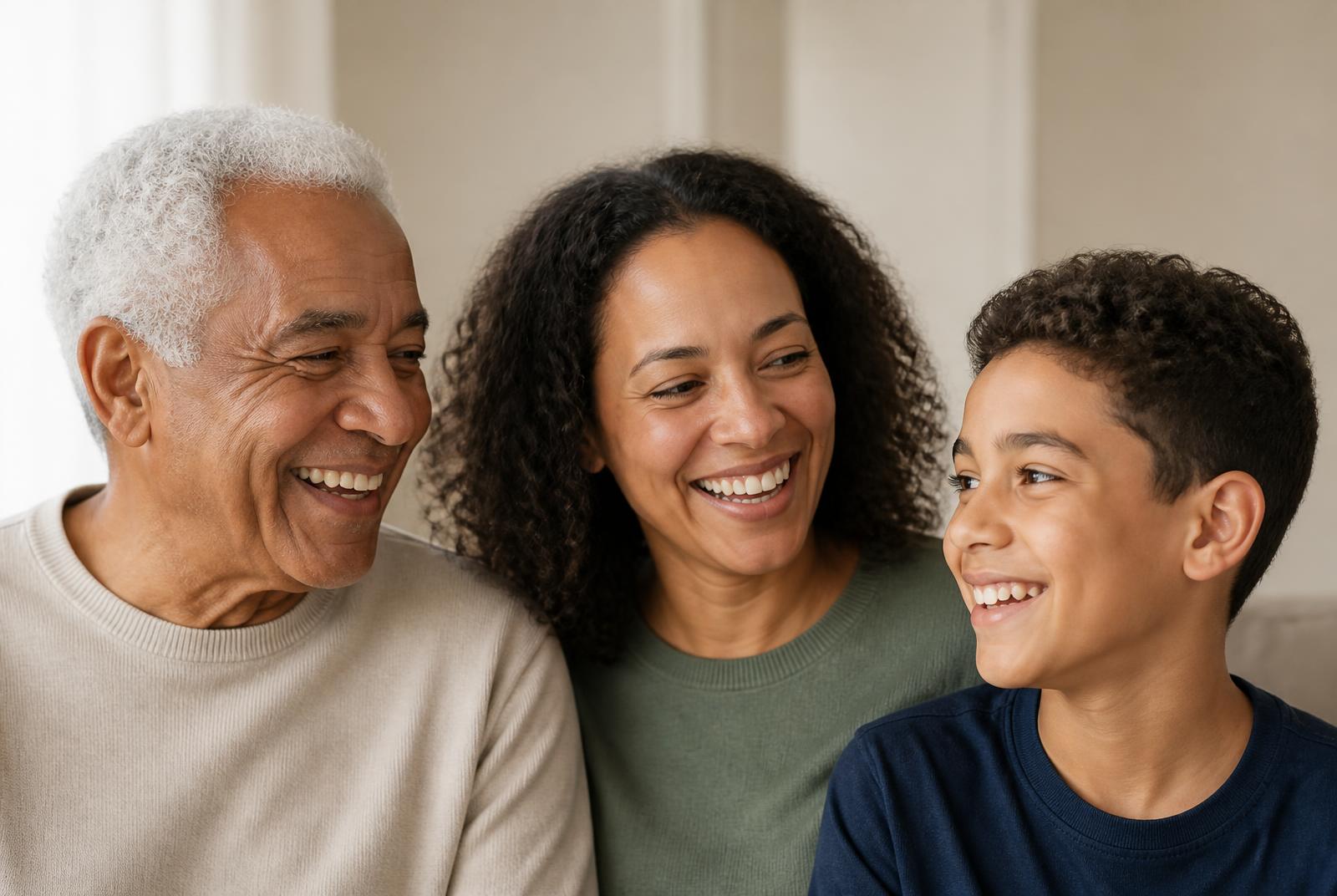 A grandfather, his adult daughter and grandson laugh together in a softly lit family room.